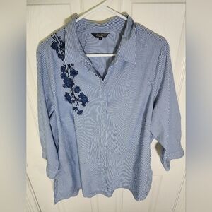 Hannah Plus Size Button Up Floral Embroidery Pinstripe Top